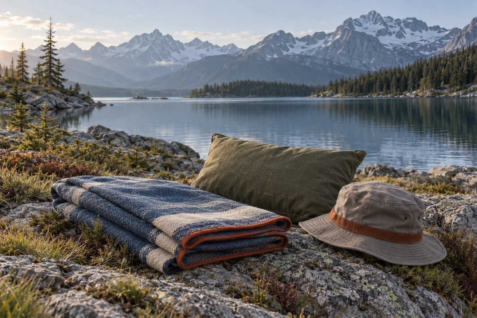 Camping essentials beside a quiet mountain lake